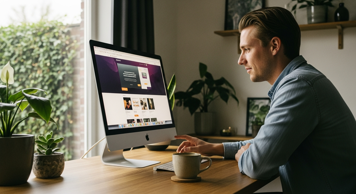 Ondernemer bekijkt one page website op laptop aan bureau