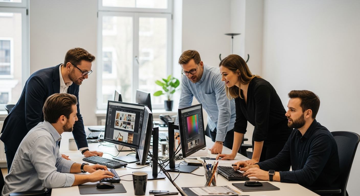 WebVast-team werkt aan website ontwerp op moderne werkplek in lichte kantoorruimte
