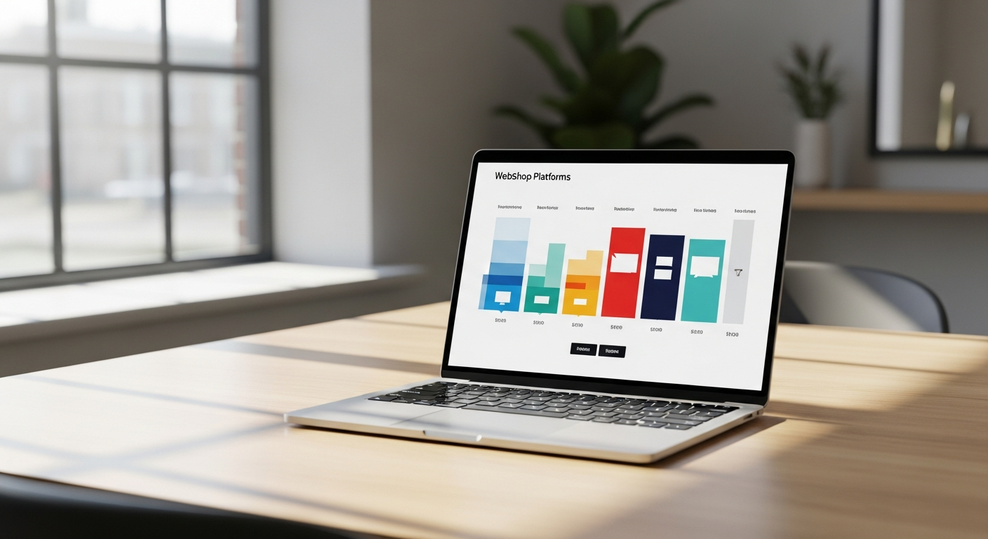Comparison chart van verschillende webshop platforms op laptop scherm