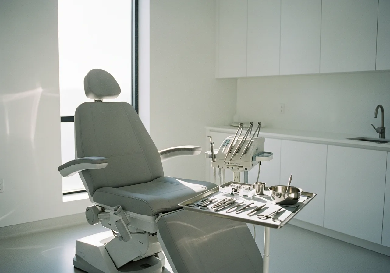 Lichte behandelkamer in een beautykliniek met behandelstoel en medische tray